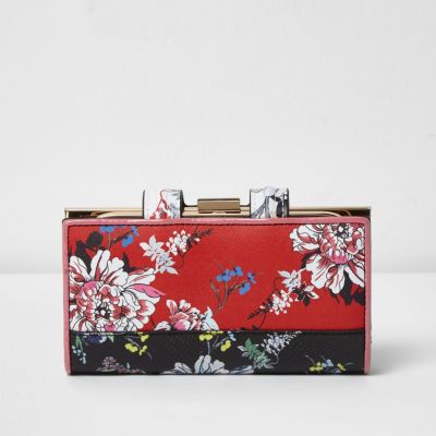 Red floral print clip top purse